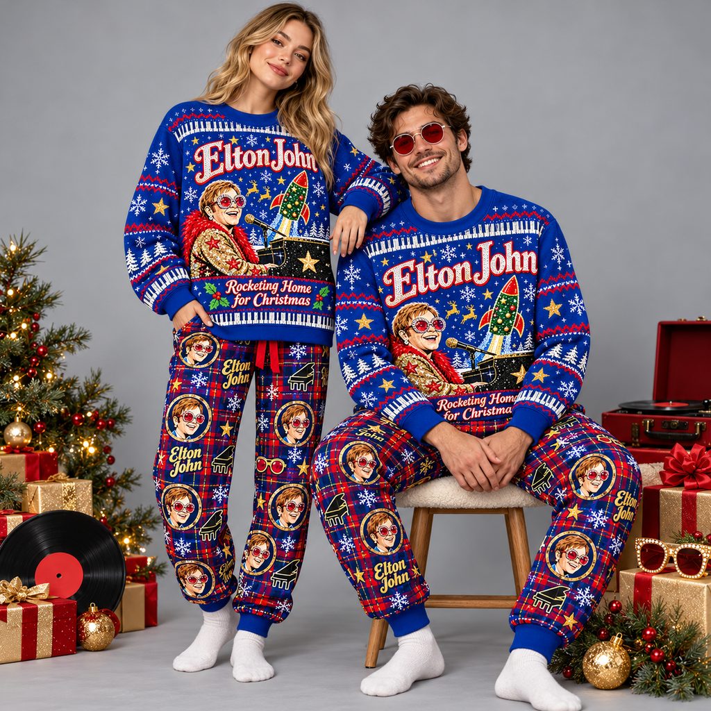 Elton John Rocketing Home for Christmas Blue Festive Graphic Sweater and Jogger Pants Set NDN 2