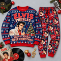 Elvis Presley Rockin' Blue Christmas Portrait Festive Graphic Sweater and Jogger Pants Set NDN 1