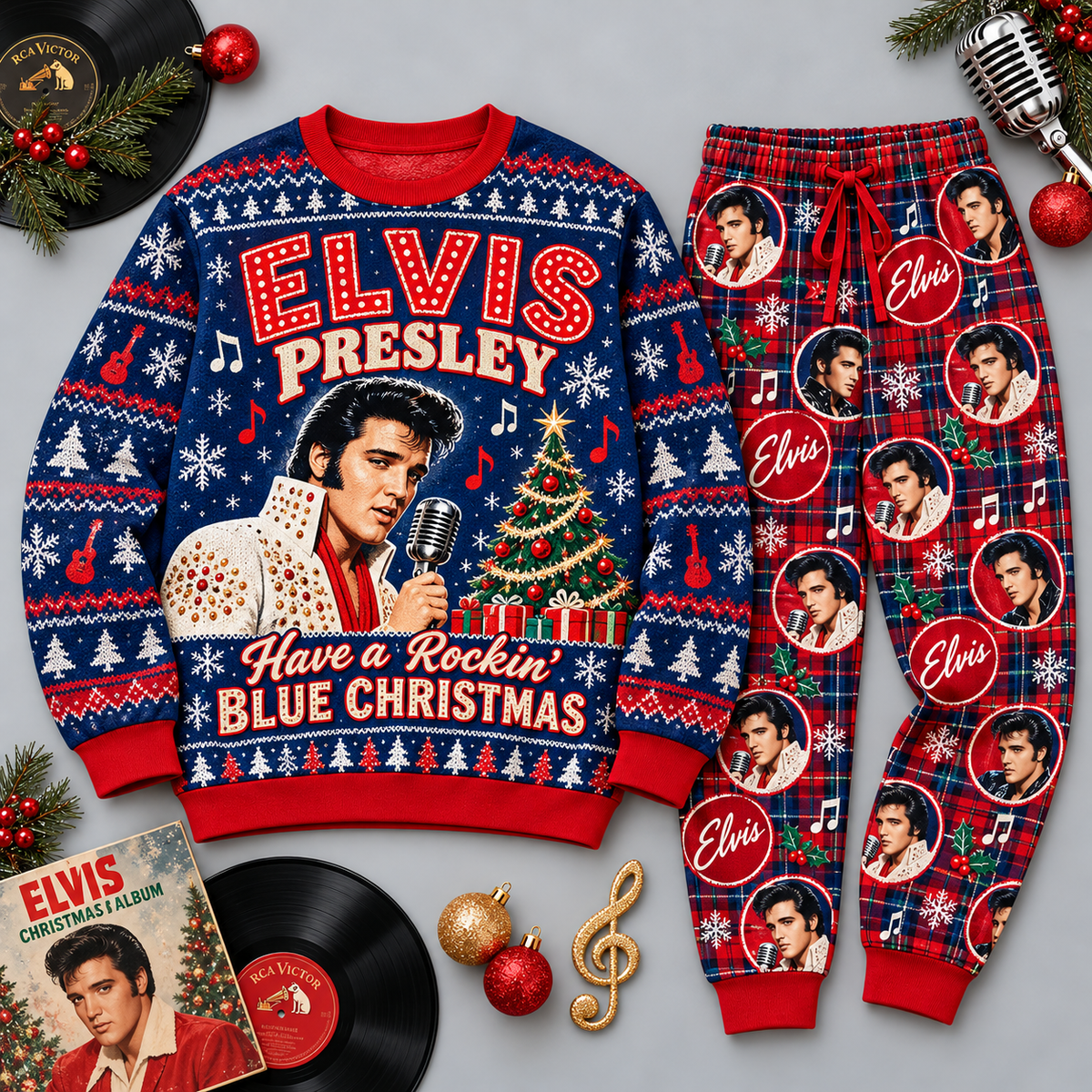 Elvis Presley Rockin' Blue Christmas Portrait Festive Graphic Sweater and Jogger Pants Set NDN 1
