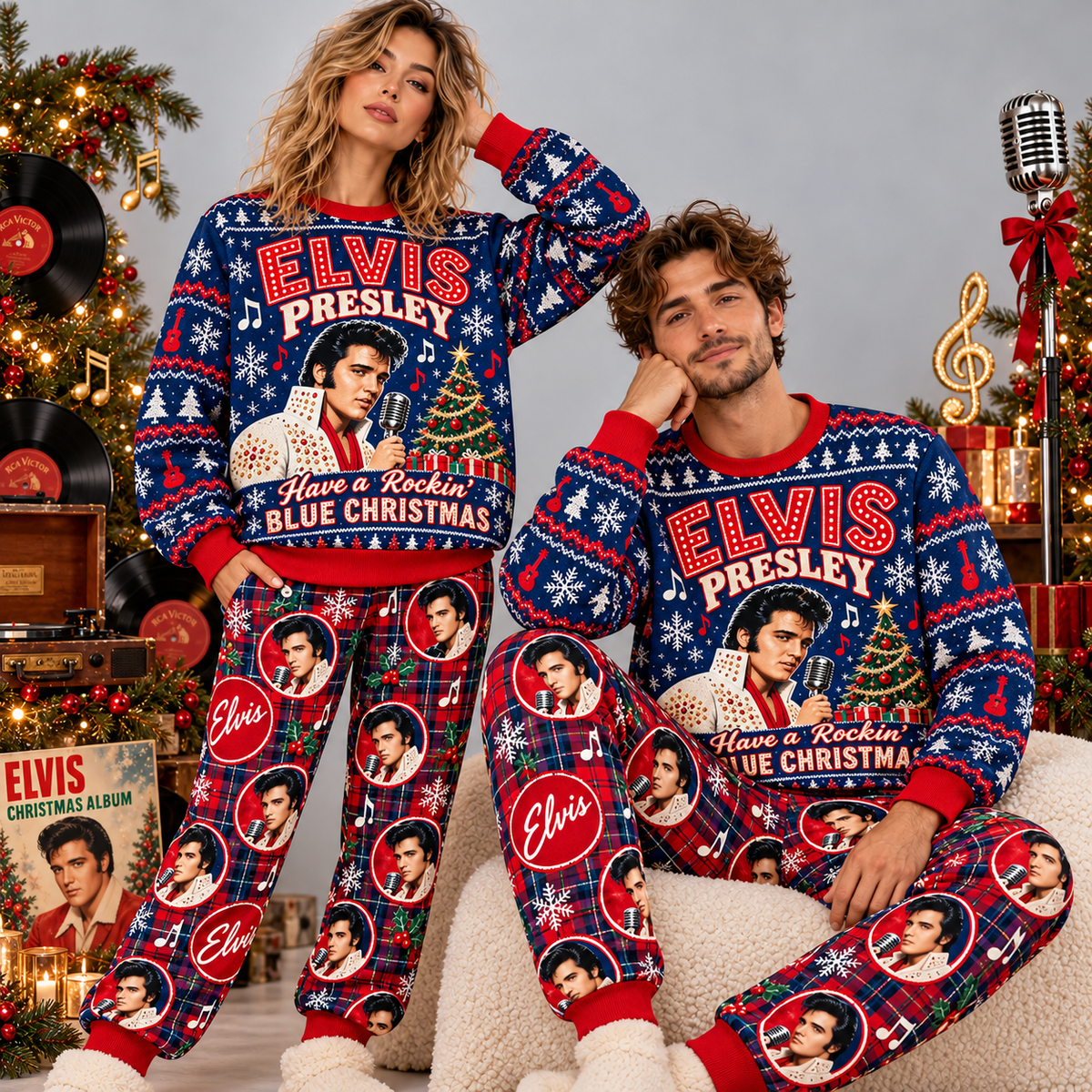 Elvis Presley Rockin' Blue Christmas Portrait Festive Graphic Sweater and Jogger Pants Set NDN 2