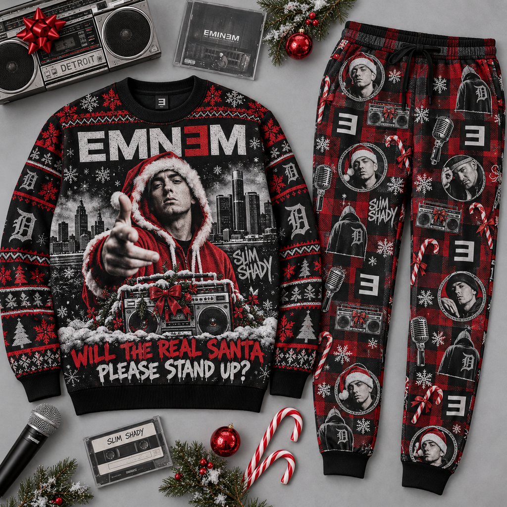 Eminem Will the Real Santa Please Stand Up Red Black Sweater and Jogger Pants Set NDN 1