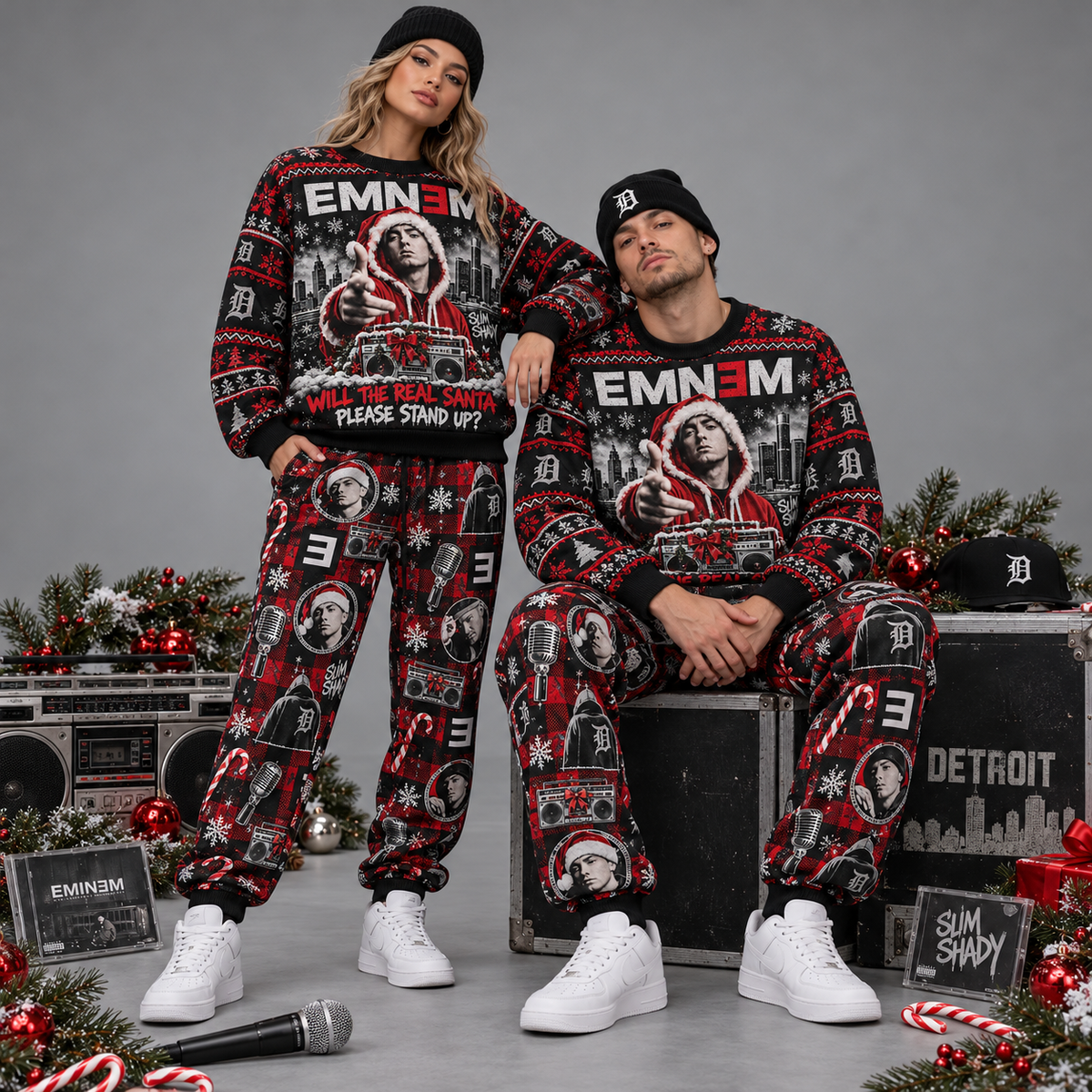 Eminem Will the Real Santa Please Stand Up Red Black Sweater and Jogger Pants Set NDN 2