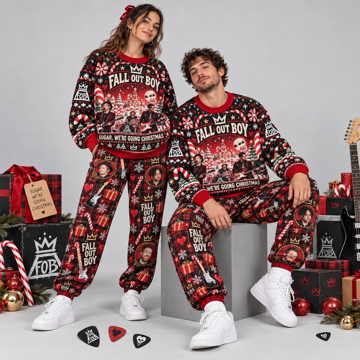 Fall Out Boy Sugar We're Going Christmas Sweater and Jogger Pants Set Holiday Music NDN 2