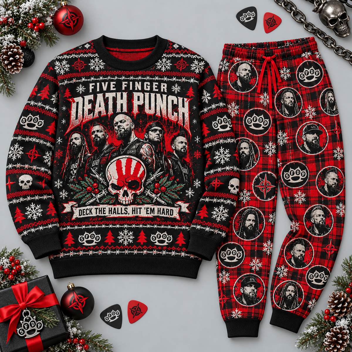 Five Finger Death Punch Christmas Skull Black Red Sweater and Jogger Pants Set NDN 1