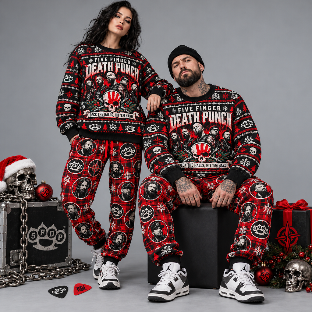 Five Finger Death Punch Christmas Skull Black Red Sweater and Jogger Pants Set NDN 2