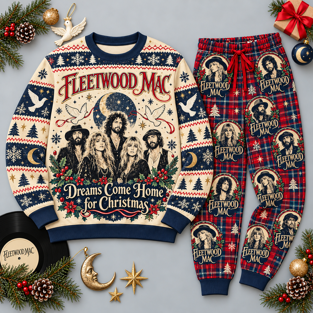 Fleetwood Mac Christmas Dreams Cream Burgundy Festive Graphic Sweater and Jogger Pants Set NDN 1