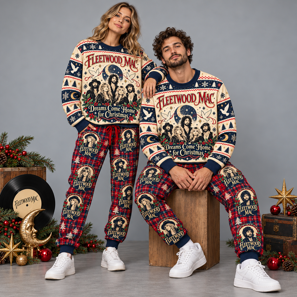 Fleetwood Mac Christmas Dreams Cream Burgundy Festive Graphic Sweater and Jogger Pants Set NDN 2