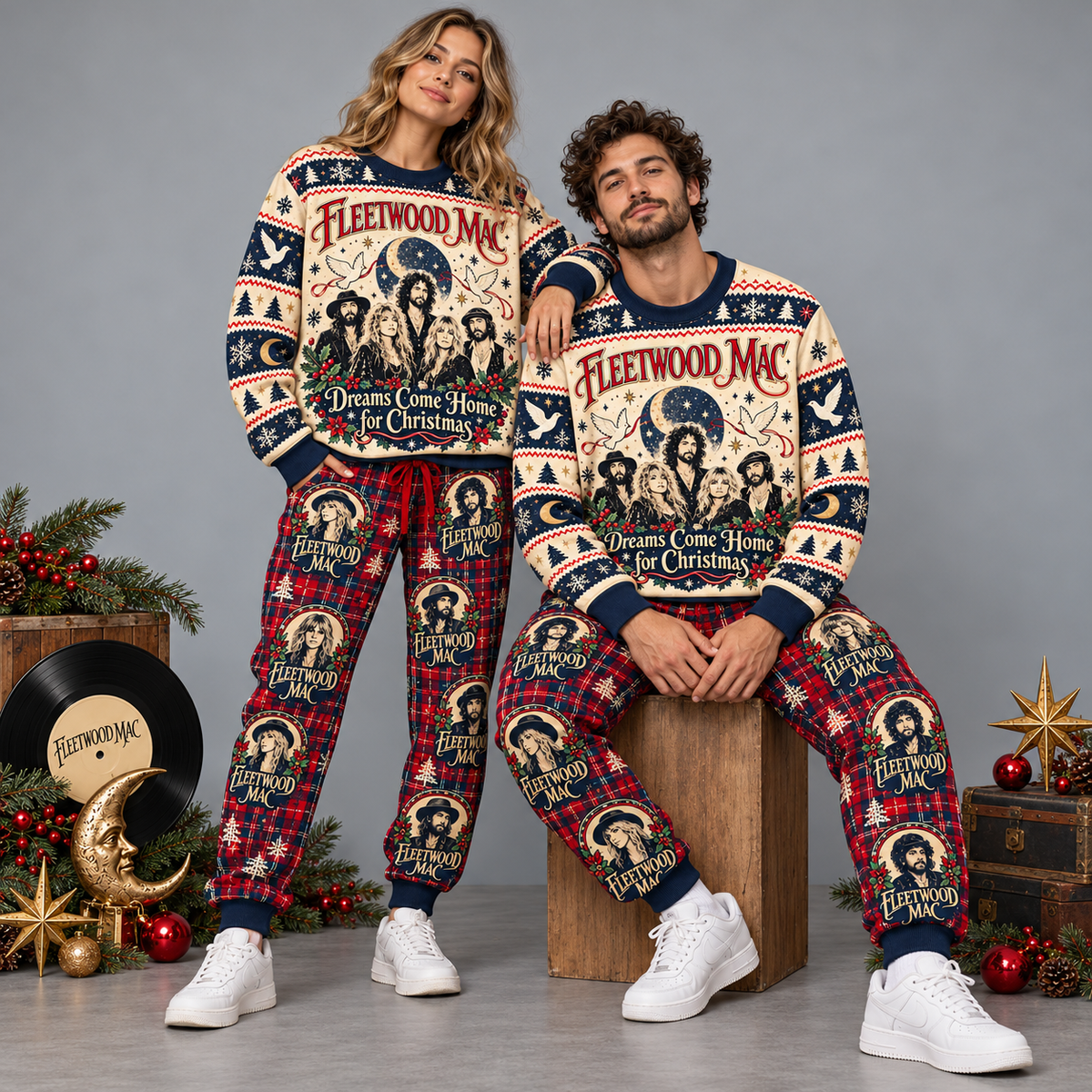 Fleetwood Mac Christmas Dreams Cream Burgundy Festive Graphic Sweater and Jogger Pants Set NDN 2