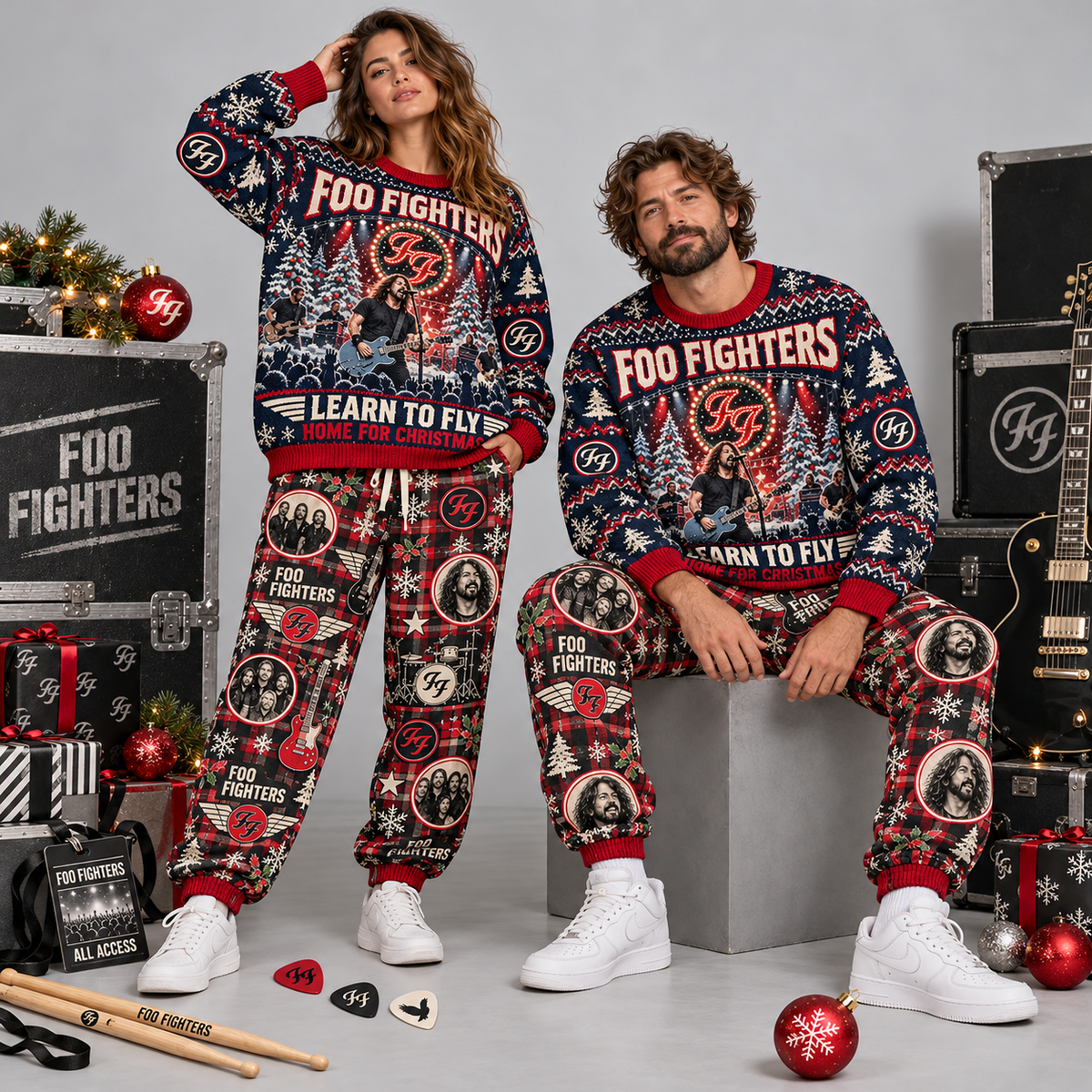 Foo Fighters Learn to Fly Santa Sleigh Sweater and Jogger Pants Set Christmas NDN 2