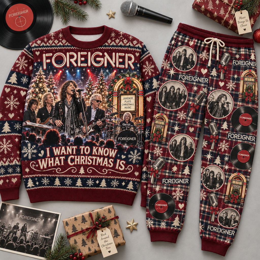 Foreigner I Want To Know What Christmas Is Red Black Sweater and Jogger Pants Set NDN 1