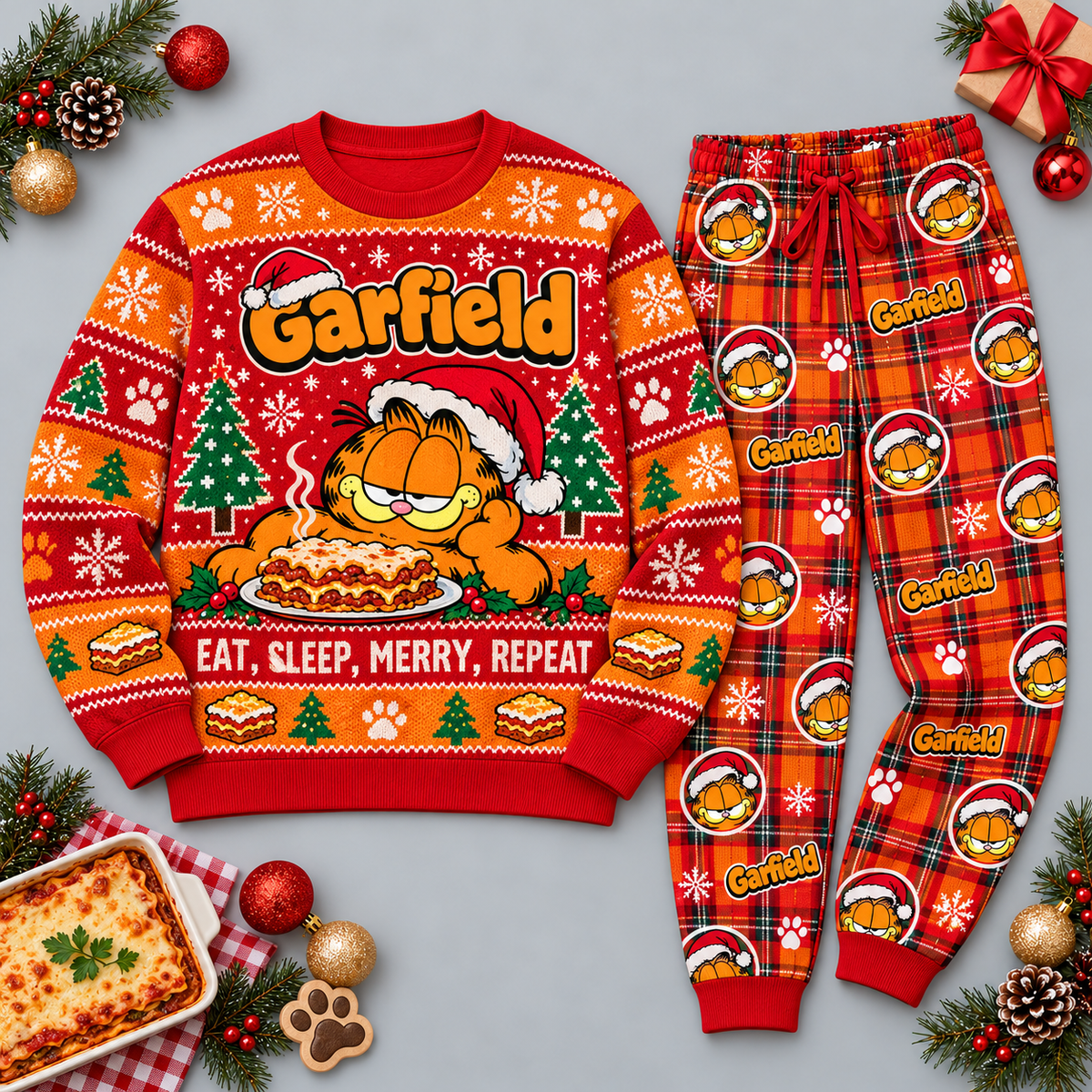Garfield Merry Repeat Red Plaid Christmas Festive Graphic Sweater and Jogger Pants Set NDN 1