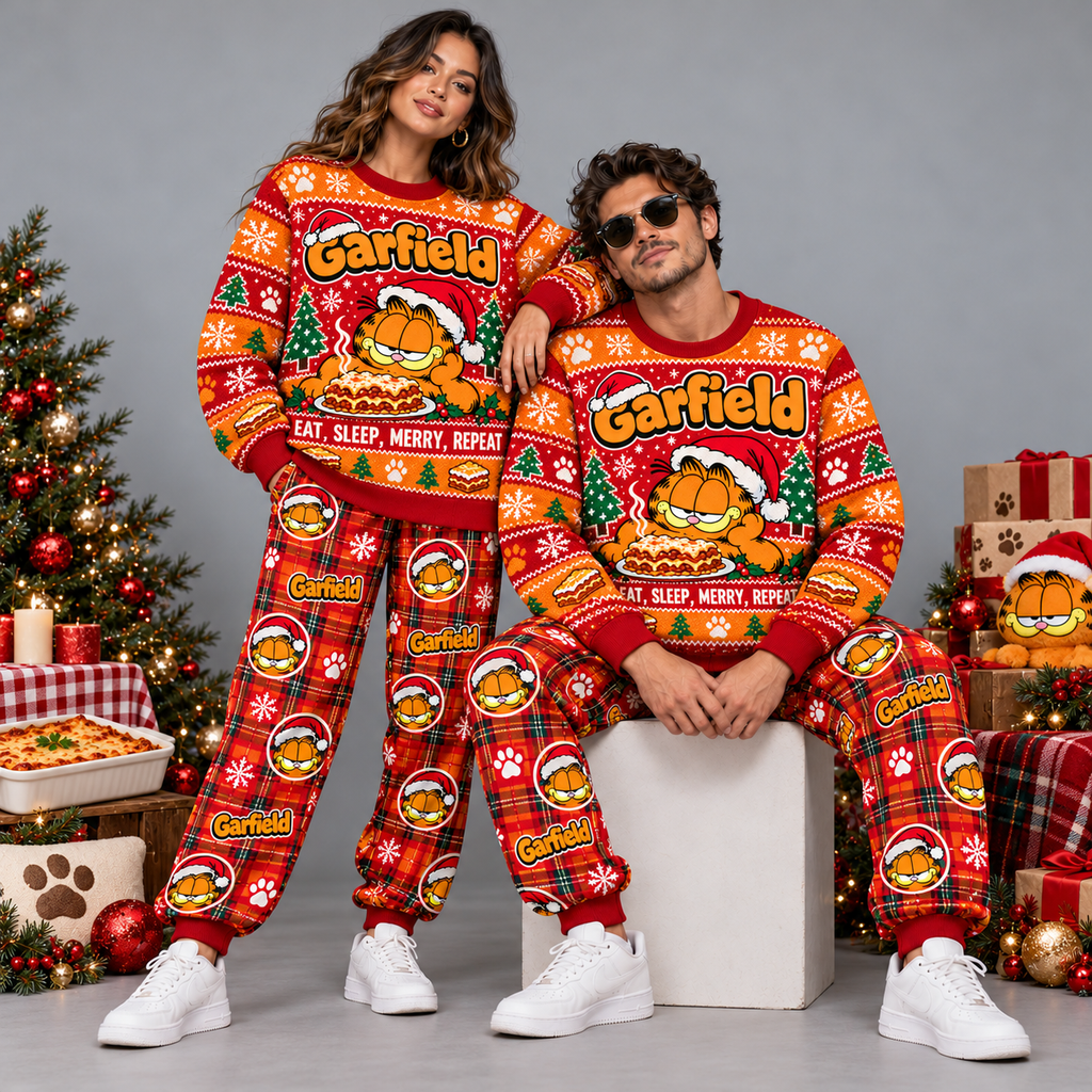 Garfield Merry Repeat Red Plaid Christmas Festive Graphic Sweater and Jogger Pants Set NDN 2