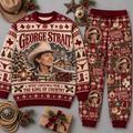 George Strait King of Country Christmas Sweater and Jogger Pants Set Red Cream NDN 1