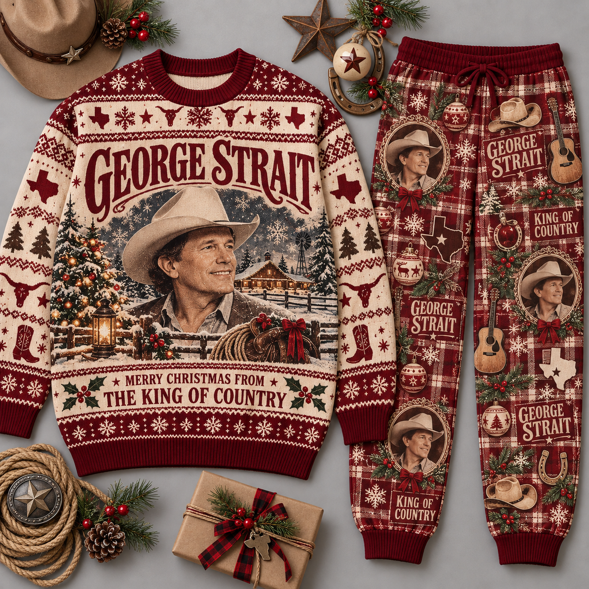 George Strait King of Country Christmas Sweater and Jogger Pants Set Red Cream NDN 1