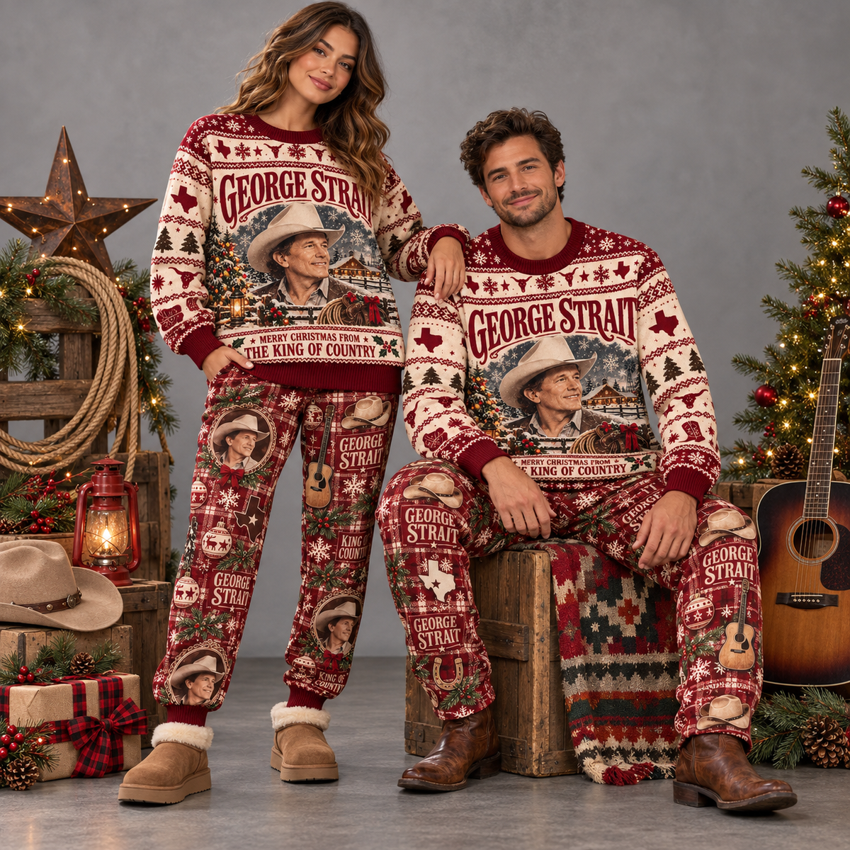 George Strait King of Country Christmas Sweater and Jogger Pants Set Red Cream NDN 2