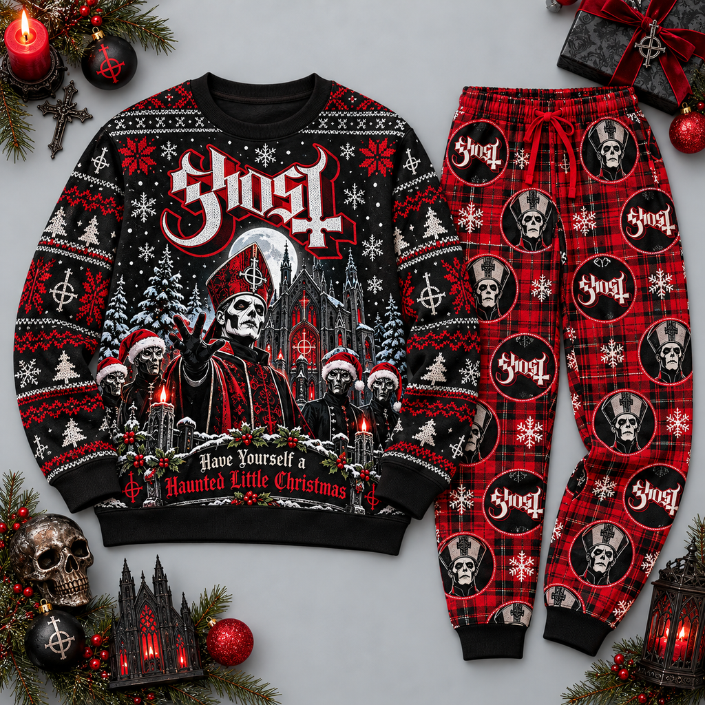 Ghost Clergy Skull Christmas Red Black Festive Graphic Sweater and Jogger Pants Set NDN 1