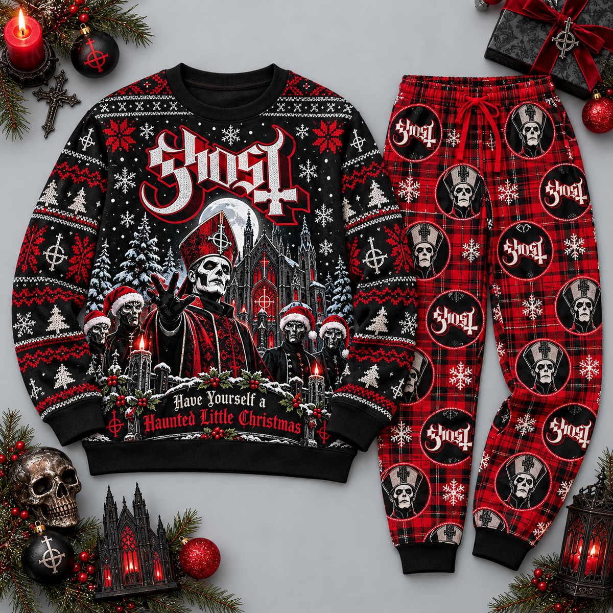 Ghost Clergy Skull Christmas Red Black Festive Graphic Sweater and Jogger Pants Set NDN 1