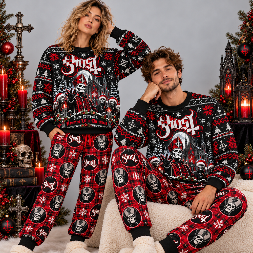 Ghost Clergy Skull Christmas Red Black Festive Graphic Sweater and Jogger Pants Set NDN 2