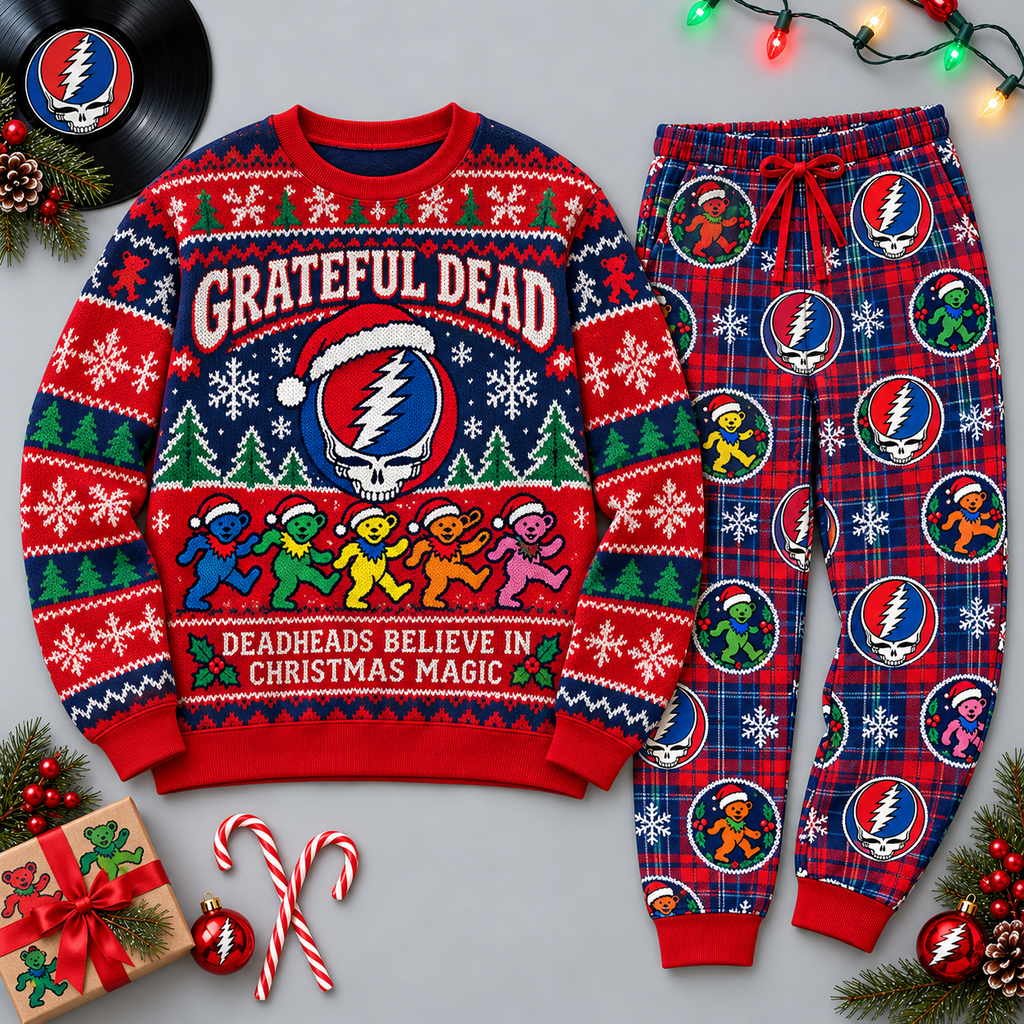 Grateful Dead Dancing Bears Christmas Red Blue Festive Graphic Sweater and Jogger Pants Set NDN 1