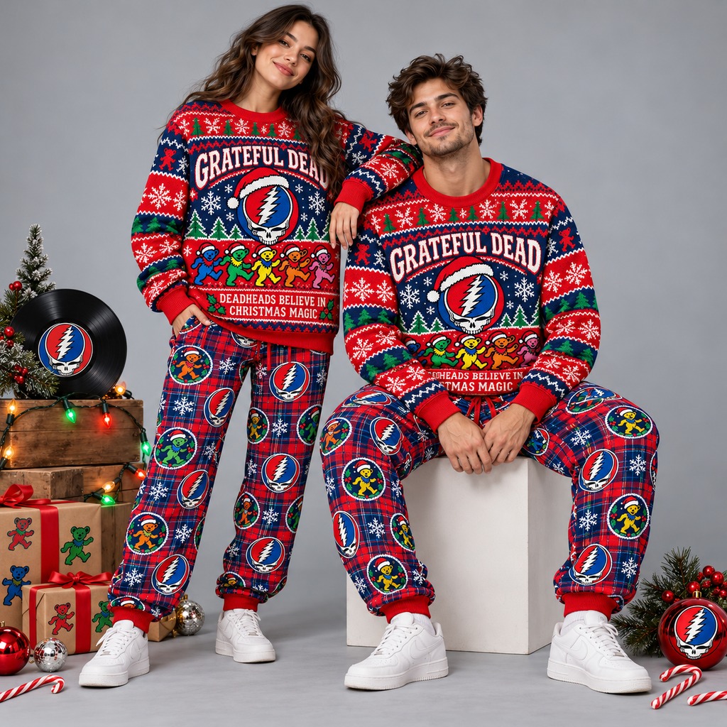 Grateful Dead Dancing Bears Christmas Red Blue Festive Graphic Sweater and Jogger Pants Set NDN 2