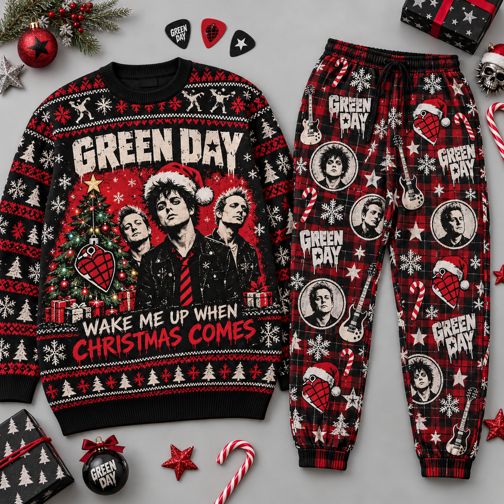 Green Day Wake Me Up When Christmas Comes Holiday Sweater and Jogger Pants Set NDN 1