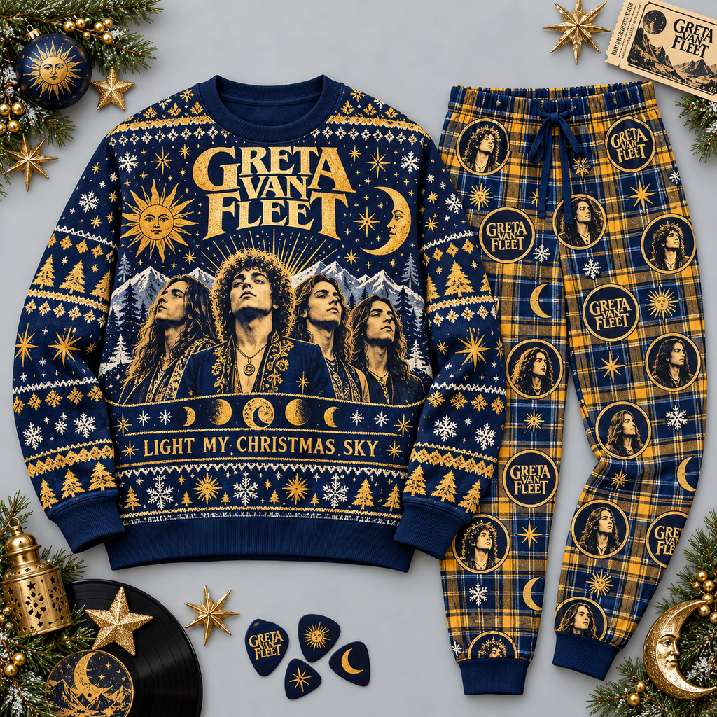 Greta Van Fleet Christmas Sky Navy Gold Festive Graphic Sweater and Jogger Pants Set NDN 1