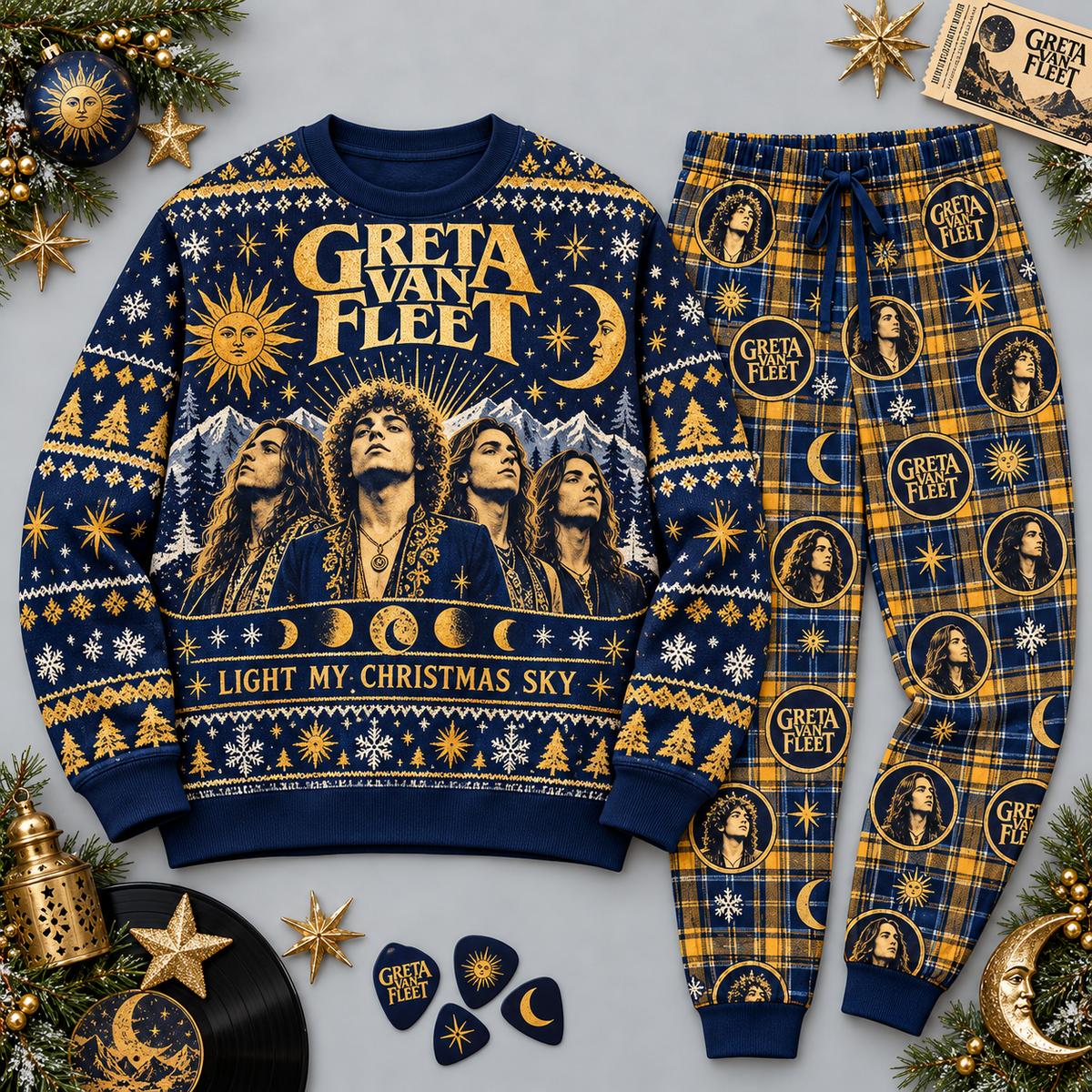 Greta Van Fleet Christmas Sky Navy Gold Festive Graphic Sweater and Jogger Pants Set NDN 1