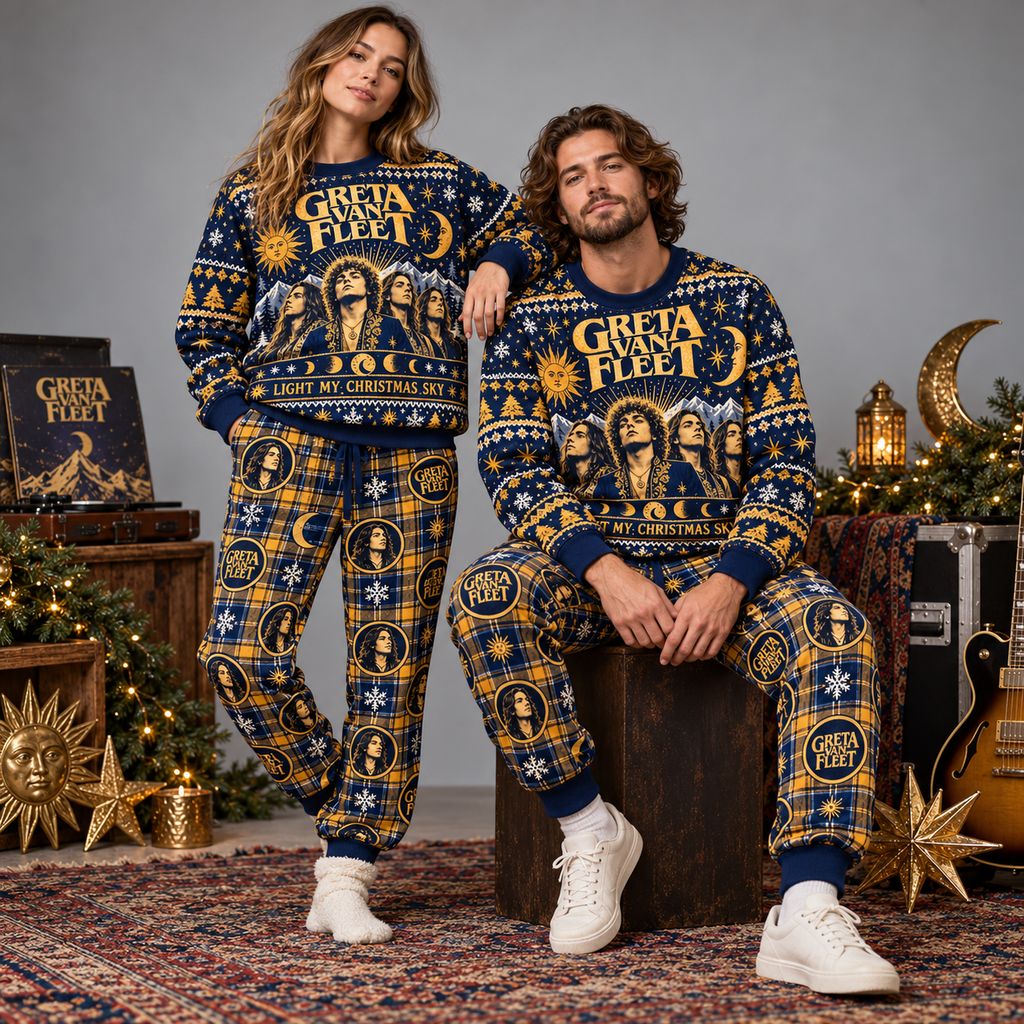 Greta Van Fleet Christmas Sky Navy Gold Festive Graphic Sweater and Jogger Pants Set NDN 2