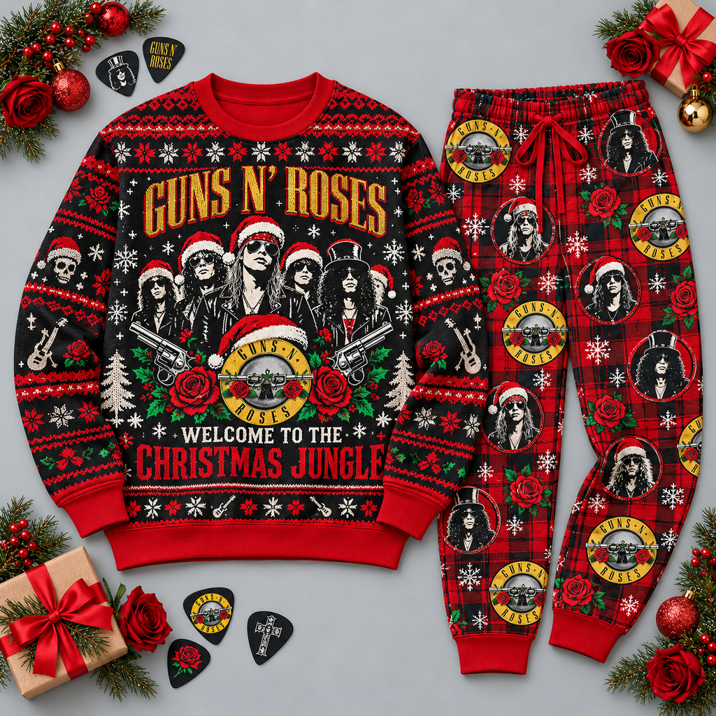 Guns N' Roses Christmas Jungle Skulls Red Black Sweater and Jogger Pants Set NDN 1