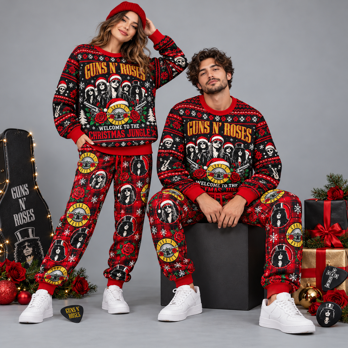 Guns N' Roses Christmas Jungle Skulls Red Black Sweater and Jogger Pants Set NDN 2