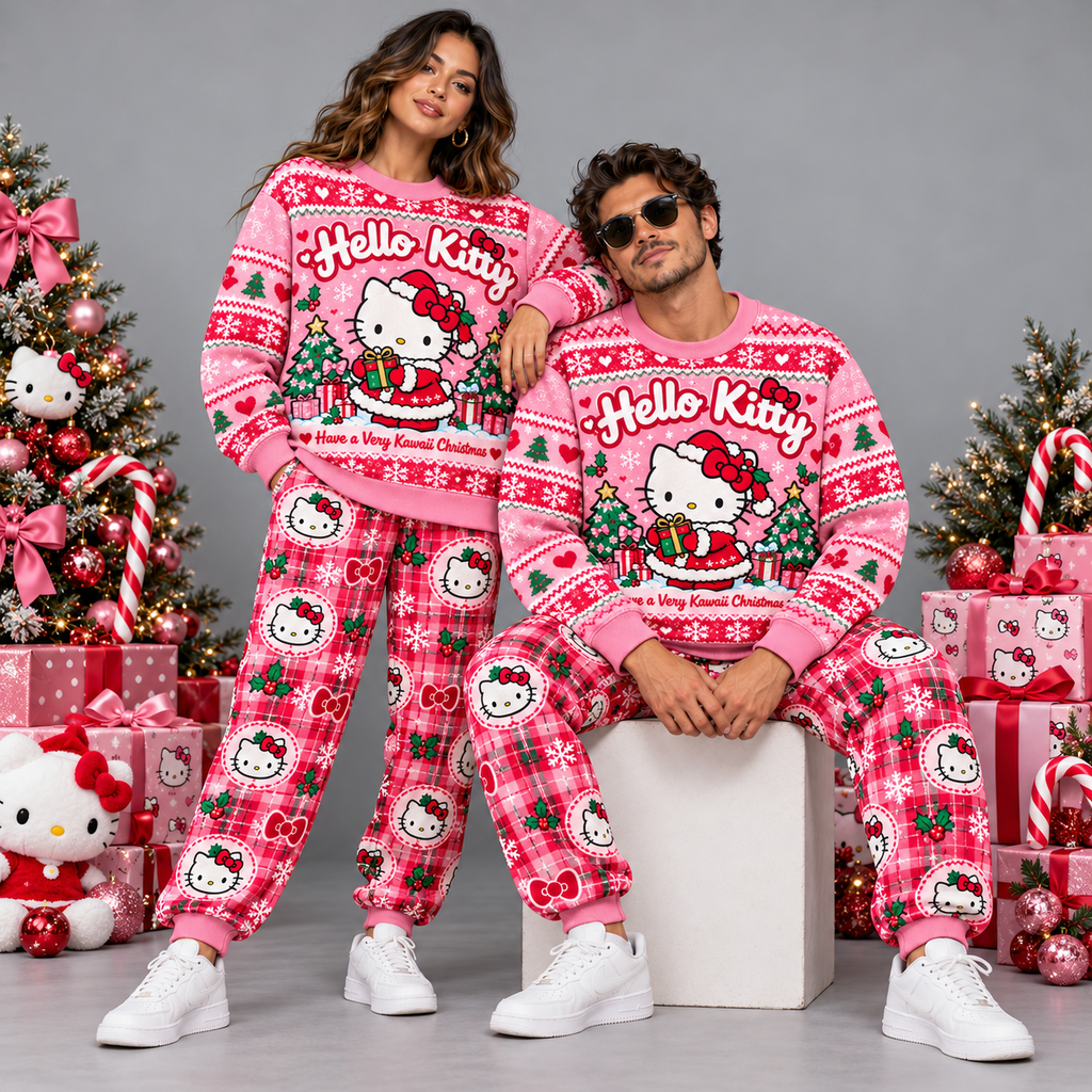 Hello Kitty Holly Jolly Christmas Pink Character Sweater and Jogger Pants Set NDN 2