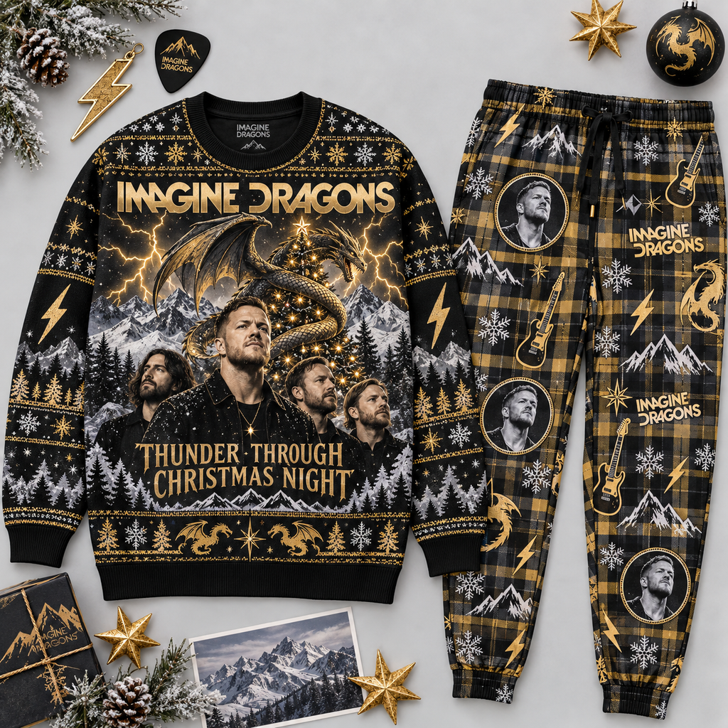Imagine Dragons Thunder Through Christmas Night Sweater and Jogger Pants Set Black Gold NDN 1