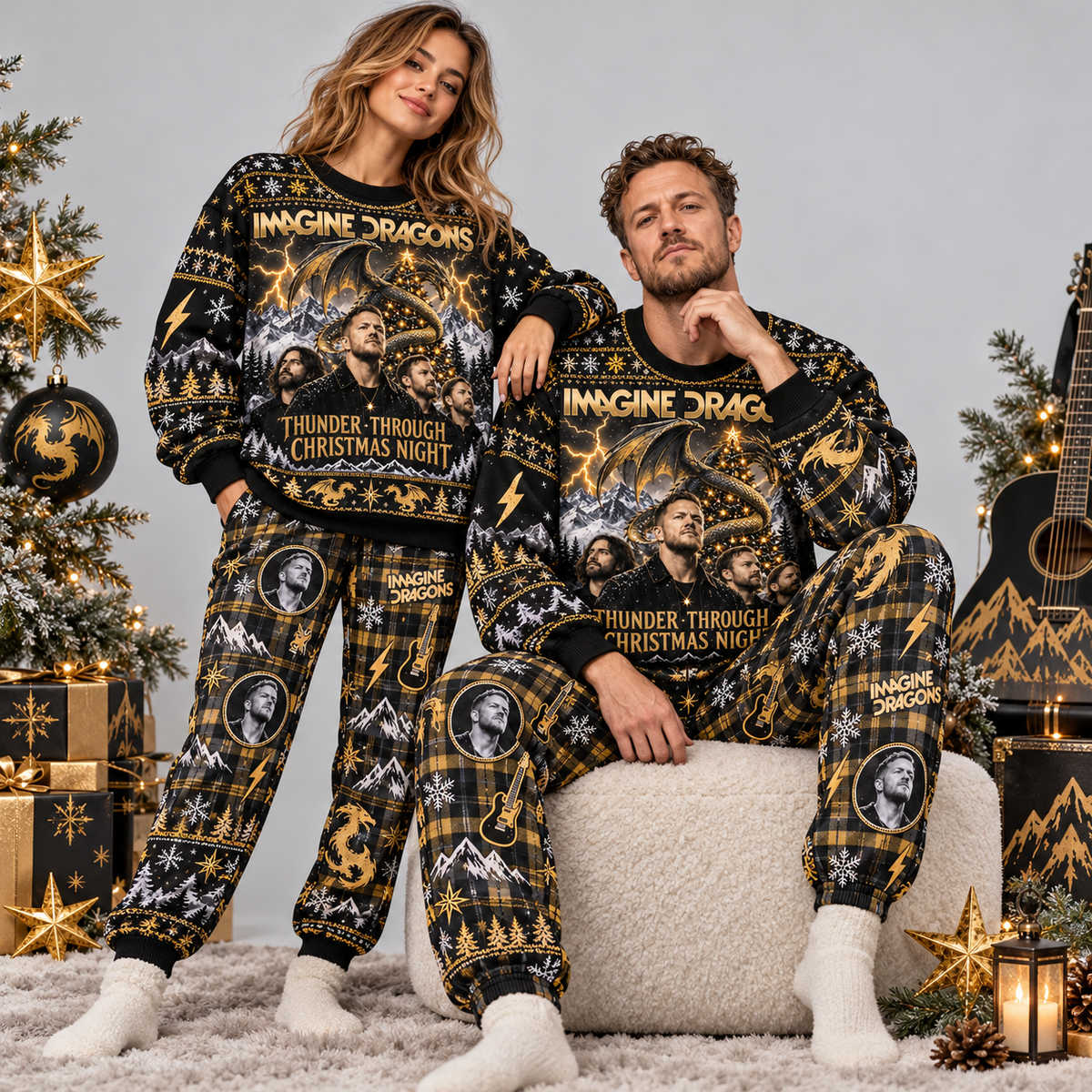 Imagine Dragons Thunder Through Christmas Night Sweater and Jogger Pants Set Black Gold NDN 2