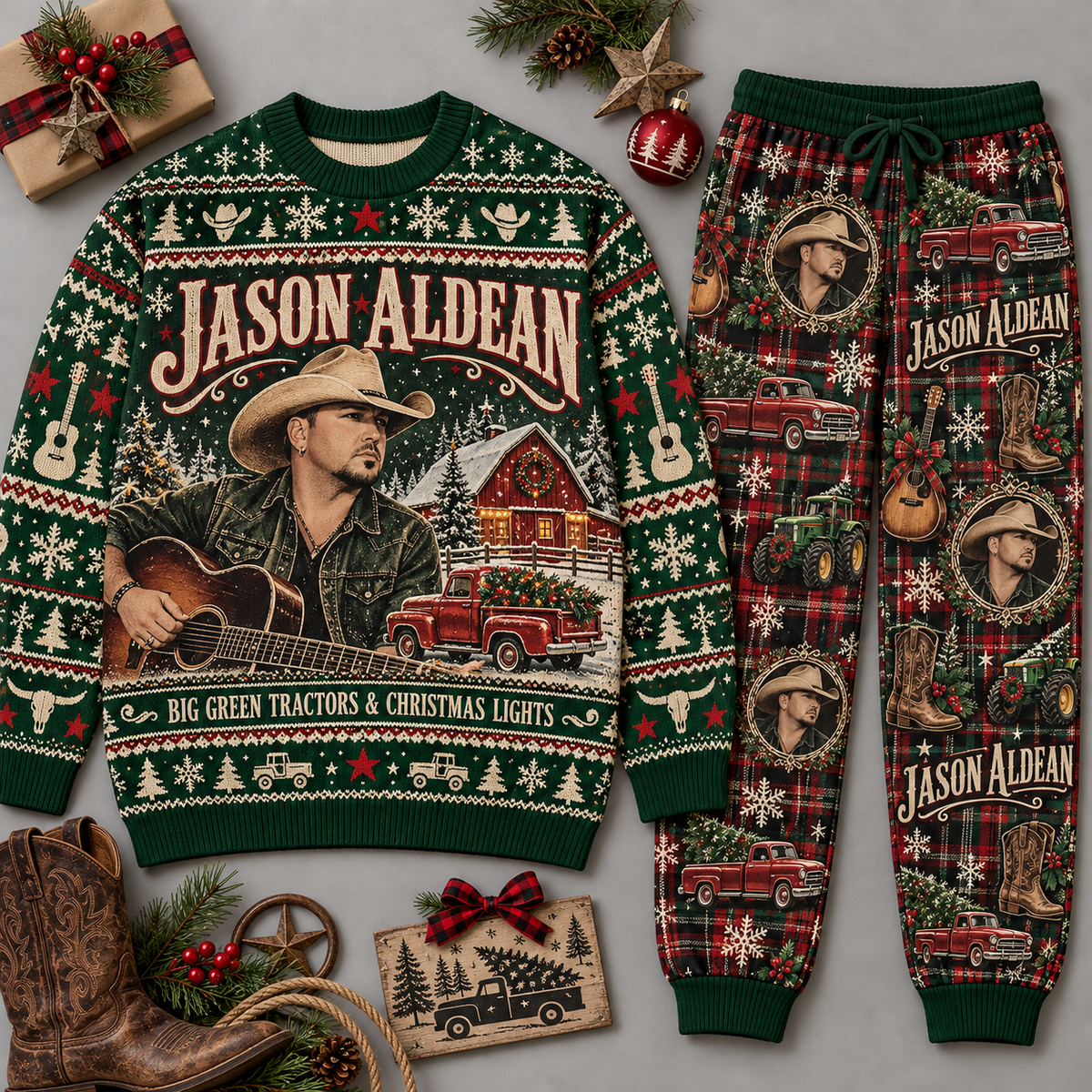 Jason Aldean Keepin' It Country Christmas Sweater and Jogger Pants Set Red Black NDN 1