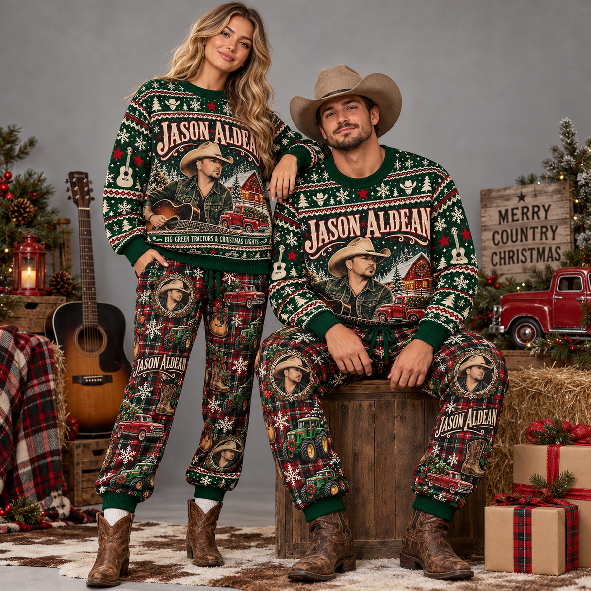 Jason Aldean Keepin' It Country Christmas Sweater and Jogger Pants Set Red Black NDN 2