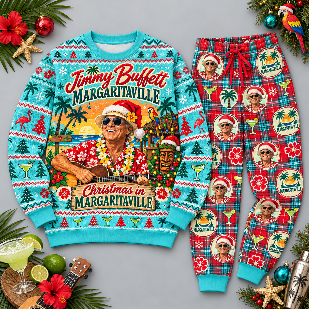 Jimmy Buffett Margaritaville Tropical Turquoise Christmas Sweater and Jogger Pants Set NDN 1