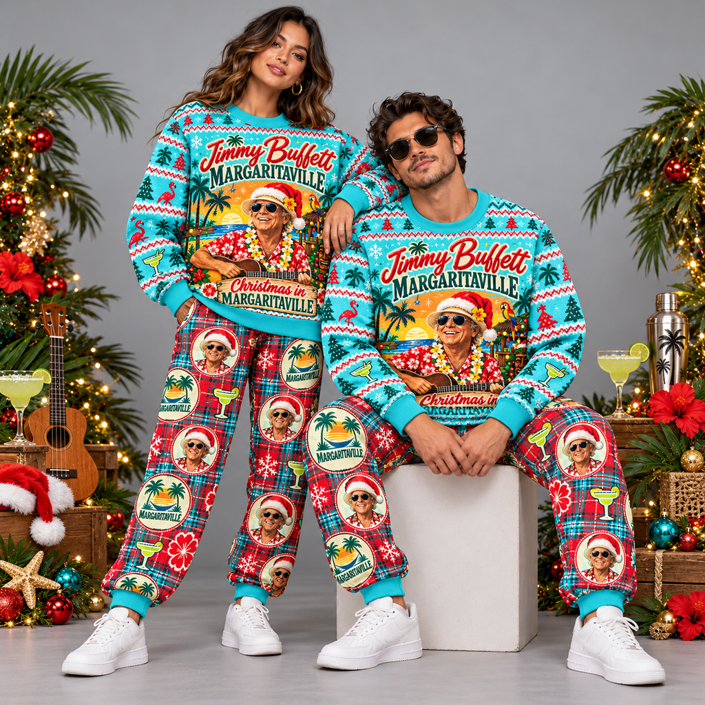 Jimmy Buffett Margaritaville Tropical Turquoise Christmas Sweater and Jogger Pants Set NDN 2