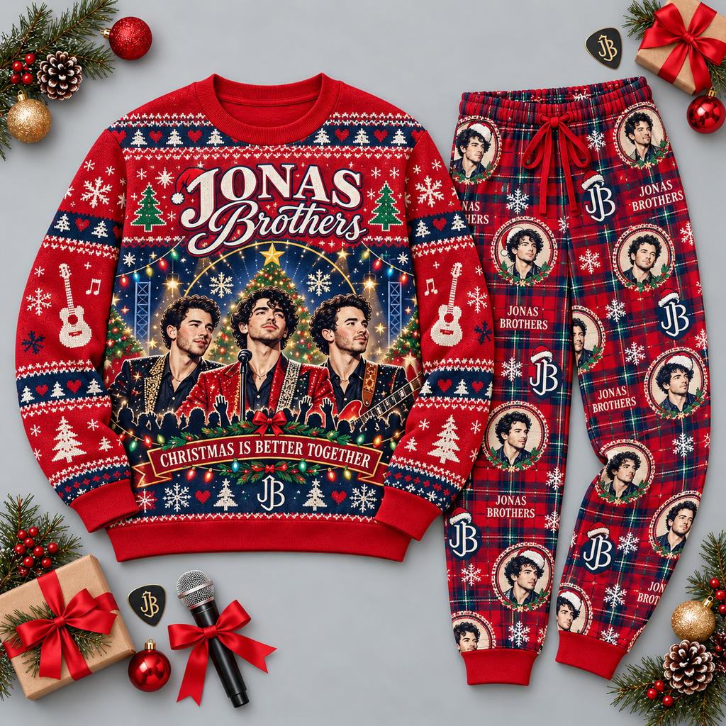 Jonas Brothers Cool Christmas Red Portrait Festive Graphic Sweater and Jogger Pants Set NDN 1