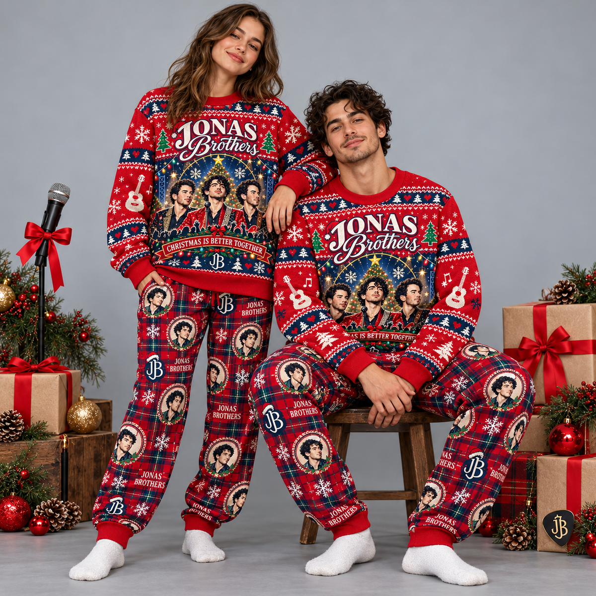 Jonas Brothers Cool Christmas Red Portrait Festive Graphic Sweater and Jogger Pants Set NDN 2
