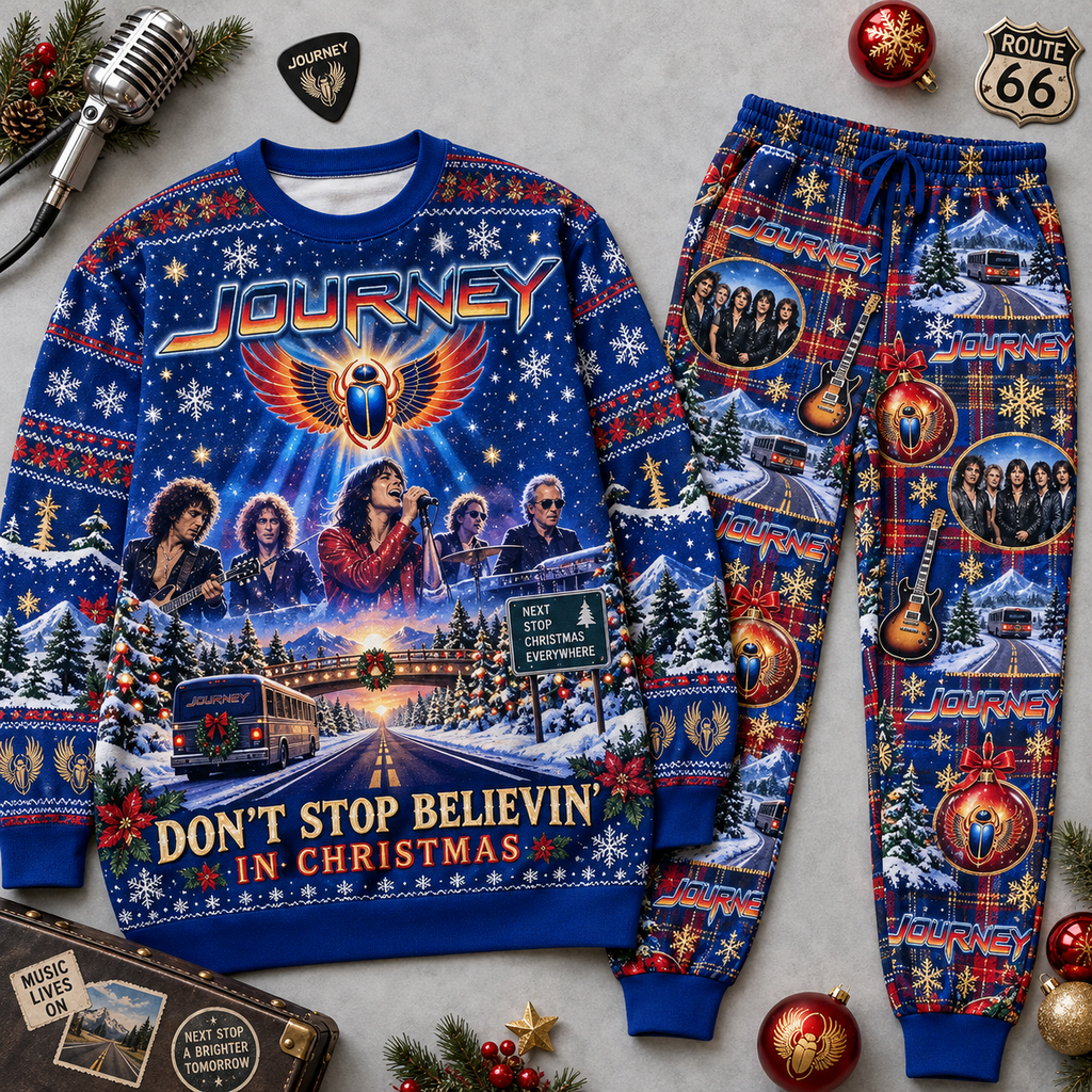 Journey Don't Stop Believin' This Christmas Sweater and Jogger Pants Set Red Black NDN 1