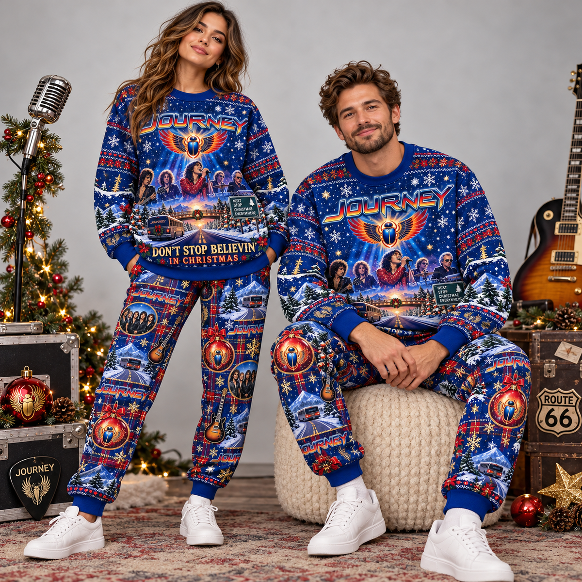 Journey Don't Stop Believin' This Christmas Sweater and Jogger Pants Set Red Black NDN 2