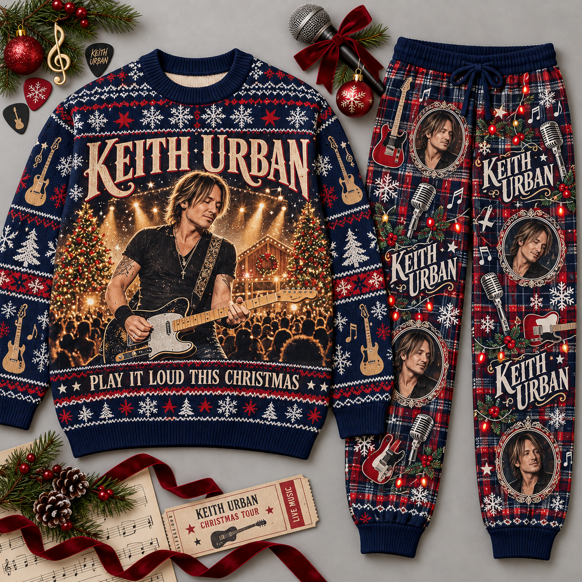 Keith Urban Play It Loud This Christmas Portrait Navy Sweater and Jogger Pants Set NDN 1
