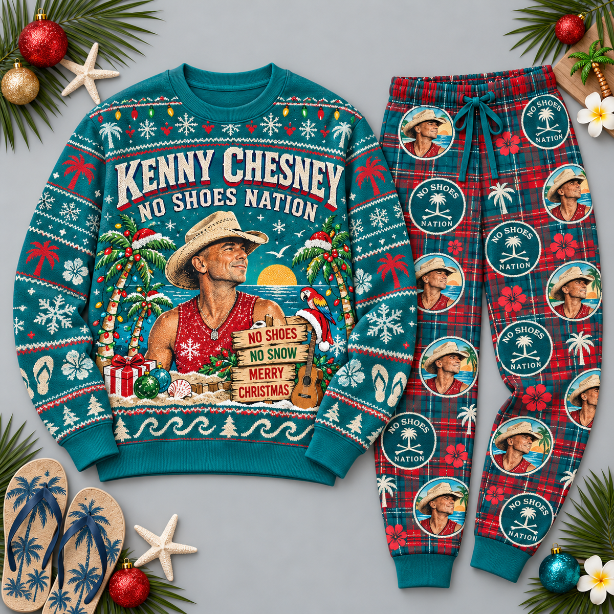 Kenny Chesney No Shoes Nation Teal Christmas Festive Graphic Sweater and Jogger Pants Set NDN 1