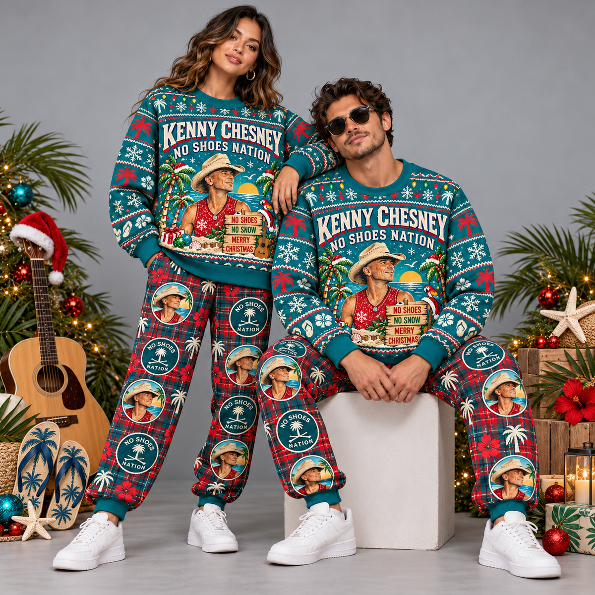 Kenny Chesney No Shoes Nation Teal Christmas Festive Graphic Sweater and Jogger Pants Set NDN 2