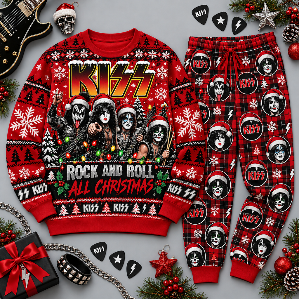 KISS Rock and Roll Christmas Red Black Festive Graphic Sweater and Jogger Pants Set NDN 1