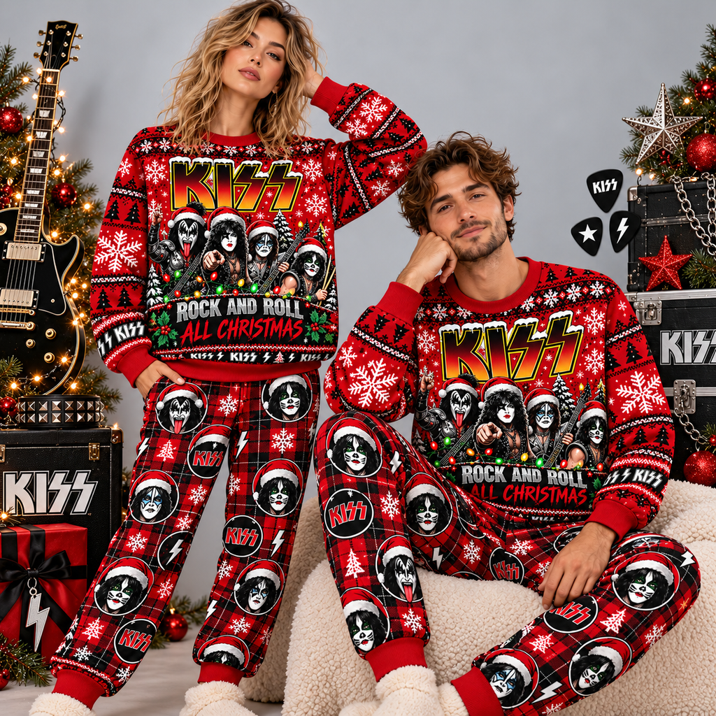 KISS Rock and Roll Christmas Red Black Festive Graphic Sweater and Jogger Pants Set NDN 2
