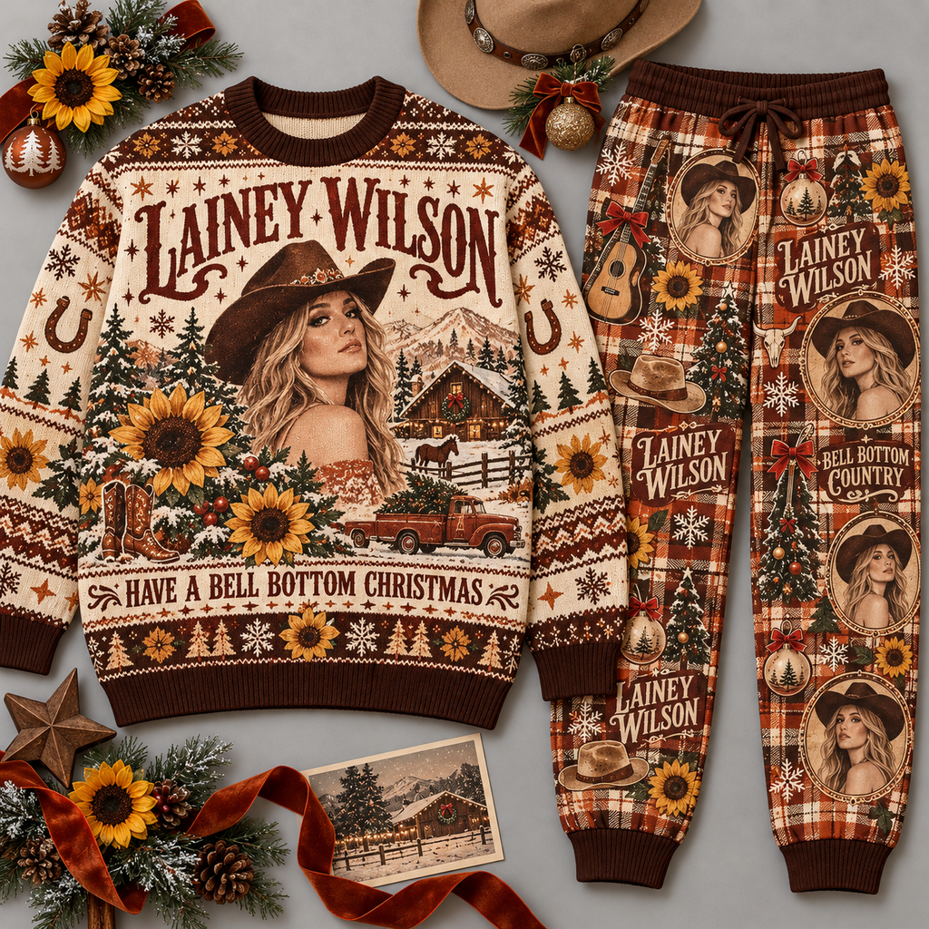 Lainey Wilson Ring A Bell Bottom Christmas Brown Sweater and Jogger Pants Set NDN 1