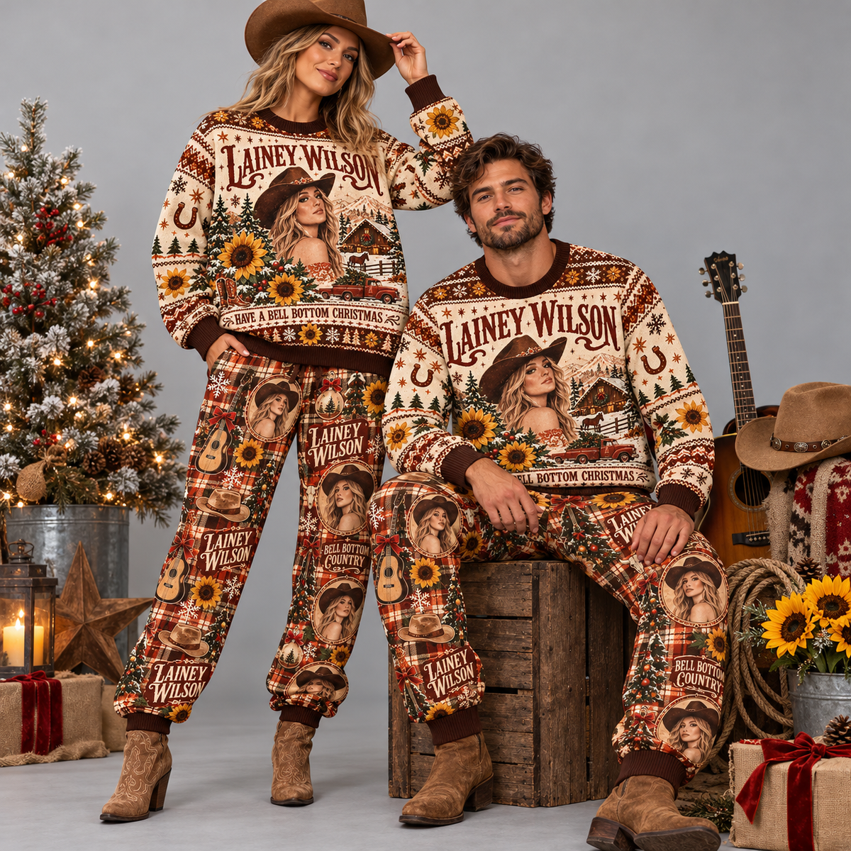 Lainey Wilson Ring A Bell Bottom Christmas Brown Sweater and Jogger Pants Set NDN 2