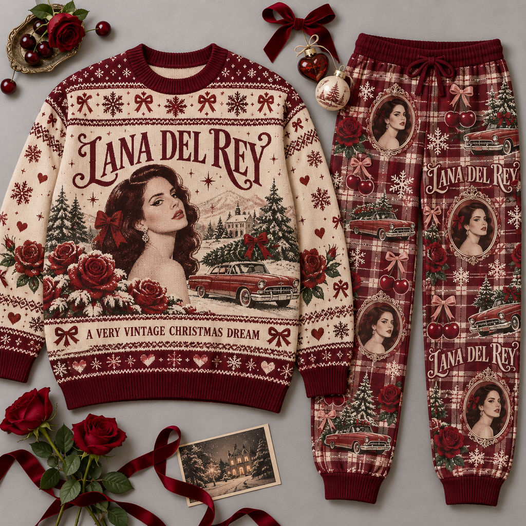 Lana Del Rey Lust for Life Christmas Sweater and Jogger Pants Set Festive Red Cream NDN 1