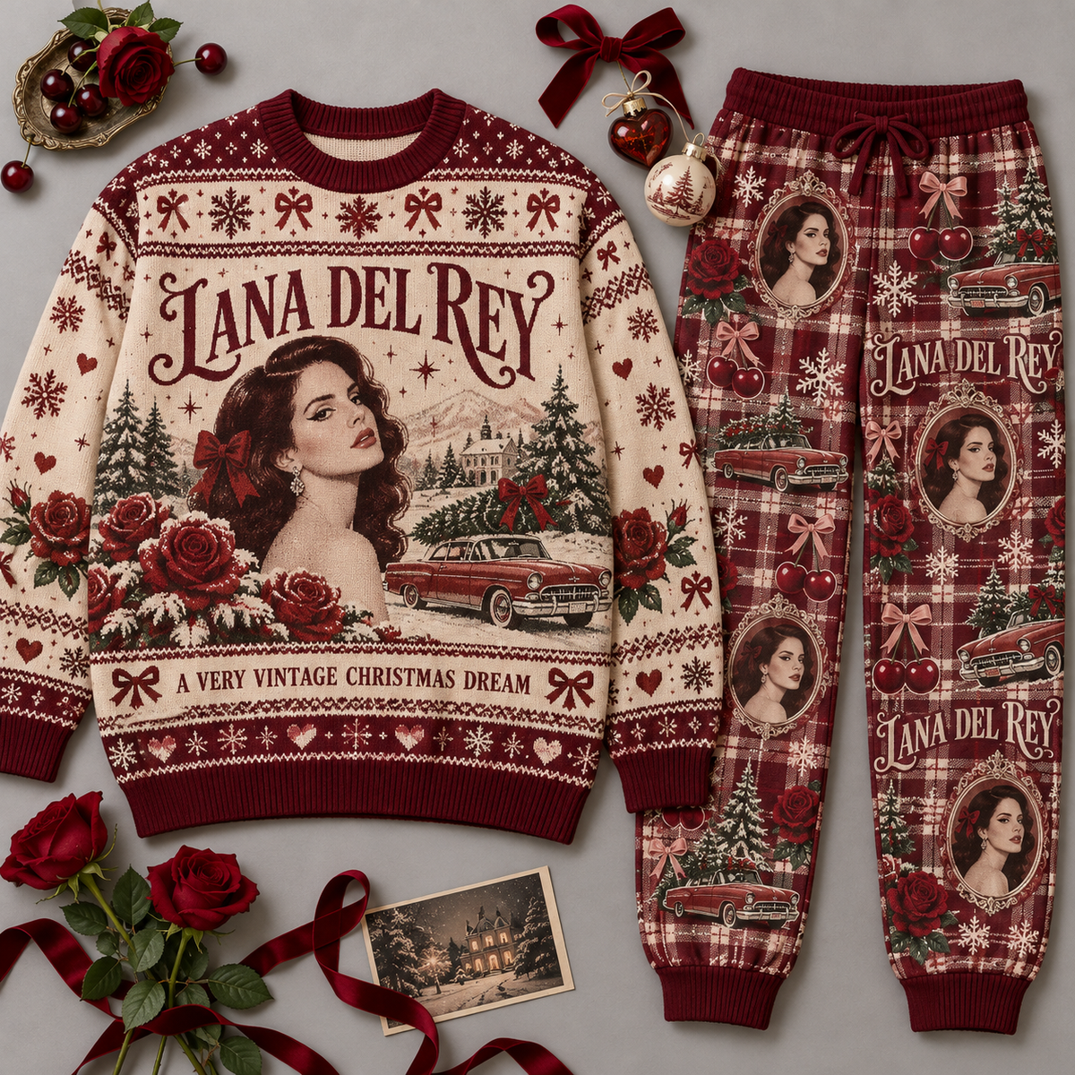 Lana Del Rey Lust for Life Christmas Sweater and Jogger Pants Set Festive Red Cream NDN 1